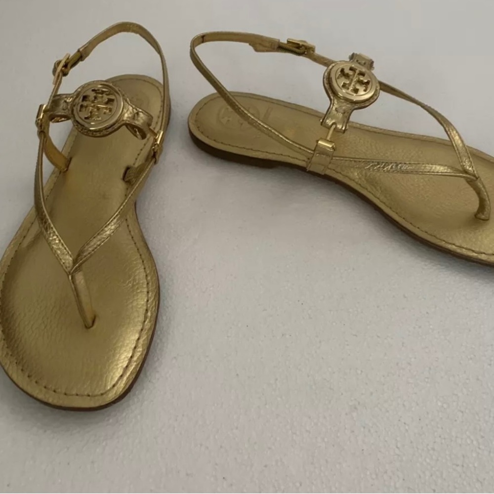 TORY BURCH GOLD NEW THONG FLAT SHOES LEATHER 8.5 - Picture 5 of 11